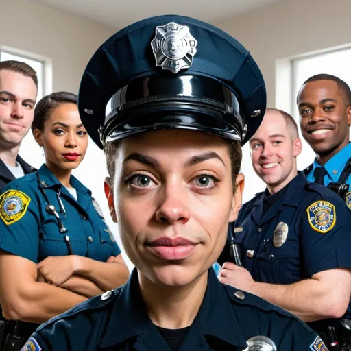 Prompt: a MODERN diverse group photo a nurse, an educator, EMS WORKER, firemen, AND a police officer in the style of Mad Magazine