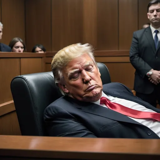 Prompt: cinematic, hyper real image of Donald Trump sleeping during court proceedings 