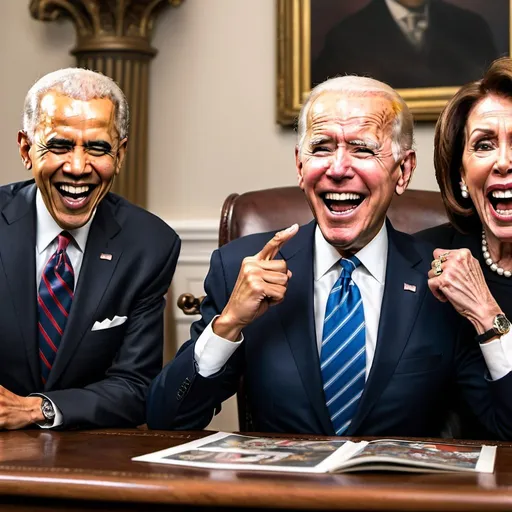 Prompt: Dramatic, high definition image of Barack Obama, Joe Biden, and Speaker Nancy Pelosi laughing hysterically in style of Mad Magazine 