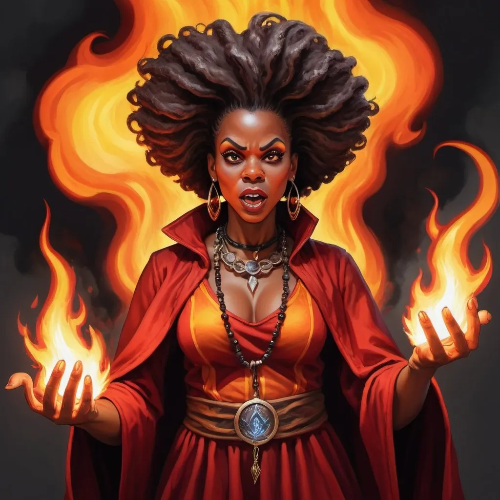 Prompt: A firemage African American sorceress with flames for hair, conjuring an inferno with magical gestures amidst a modern day background, in the style of mad magazine