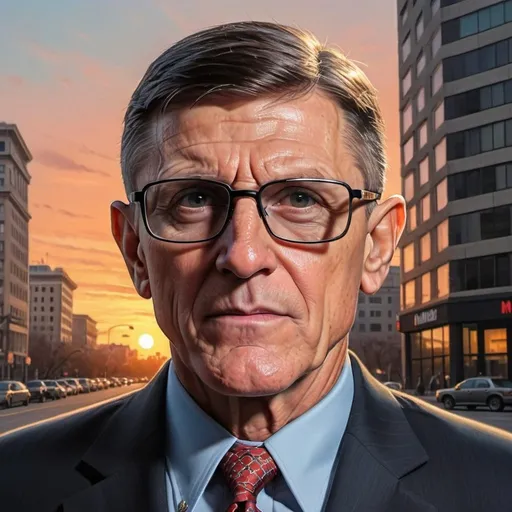 Prompt: Hyper real image of LTG Michael Flynn, eye glasses, russian FSB Building as background, at sundown, in mad magazine Style
