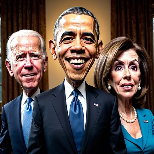 Prompt: Dramatic, high definition image of Barack Obama, Joe Biden, and Speaker Nancy Pelosi in style of Mad Magazine 