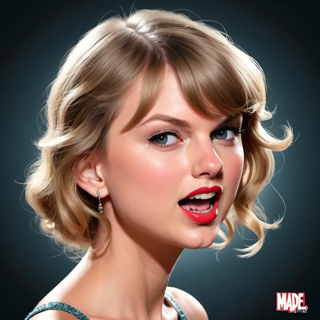 Prompt: Profile Image of Taylor Swift caricature, In Style of mad magazine, hand gestures surprise, eyes bright, slight smile
