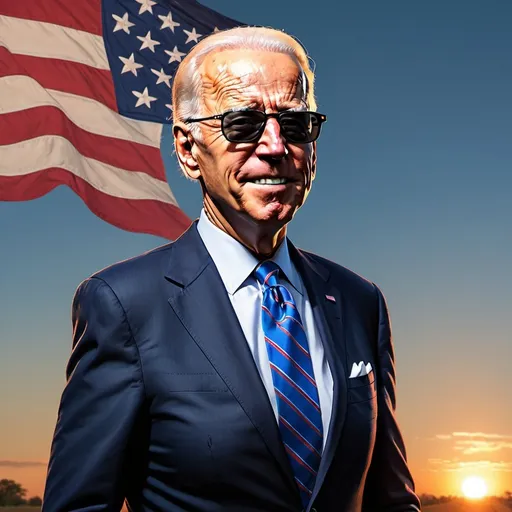 Prompt: Full body epic image of a confident Joe biden dark glasses with a large american flag waving in background  at sundown mad magazine style