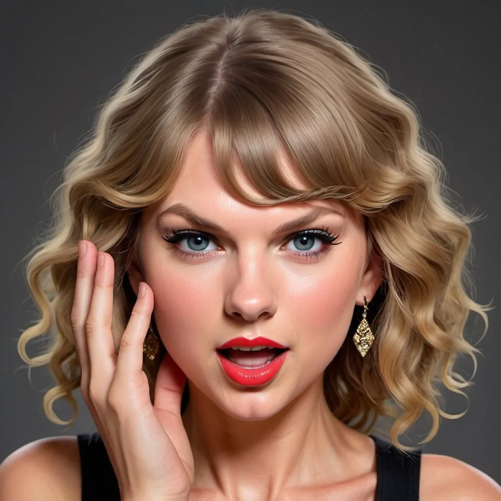 Prompt: Profile Image of Taylor Swift caricature, In Style of mad magazine, hand gestures surprise, eyes bright, slight smile
