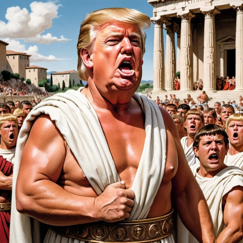 Prompt: Trump as a Roman politician, in toga, overweight, a fart and stench smelled by people around him, choking, holding their noses in style of mad magazine