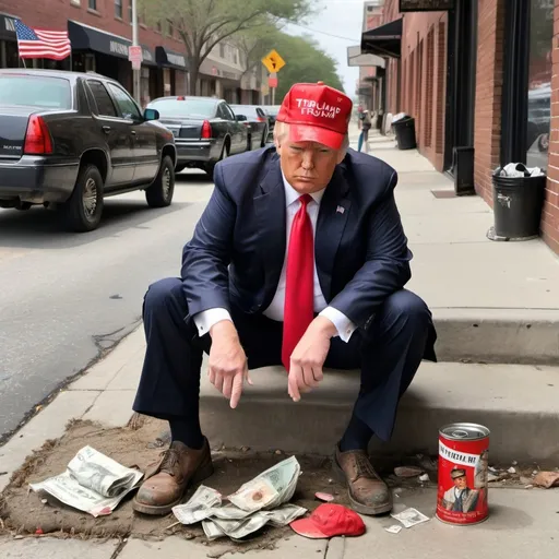 Prompt: Donald Trump, Dirty, hair messy, clothes dirty torn, dingy red Maga hat, sitting on sidewalk, tin can for money, change insole of Norman Rockwell