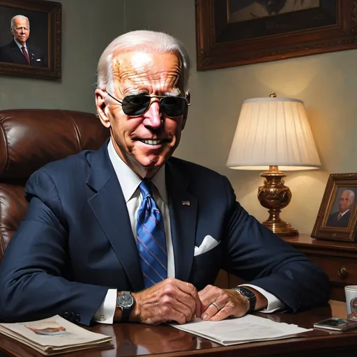 Prompt: Joe Biden as Dark Brandon, blackout sungalsses Norman Rockwell style