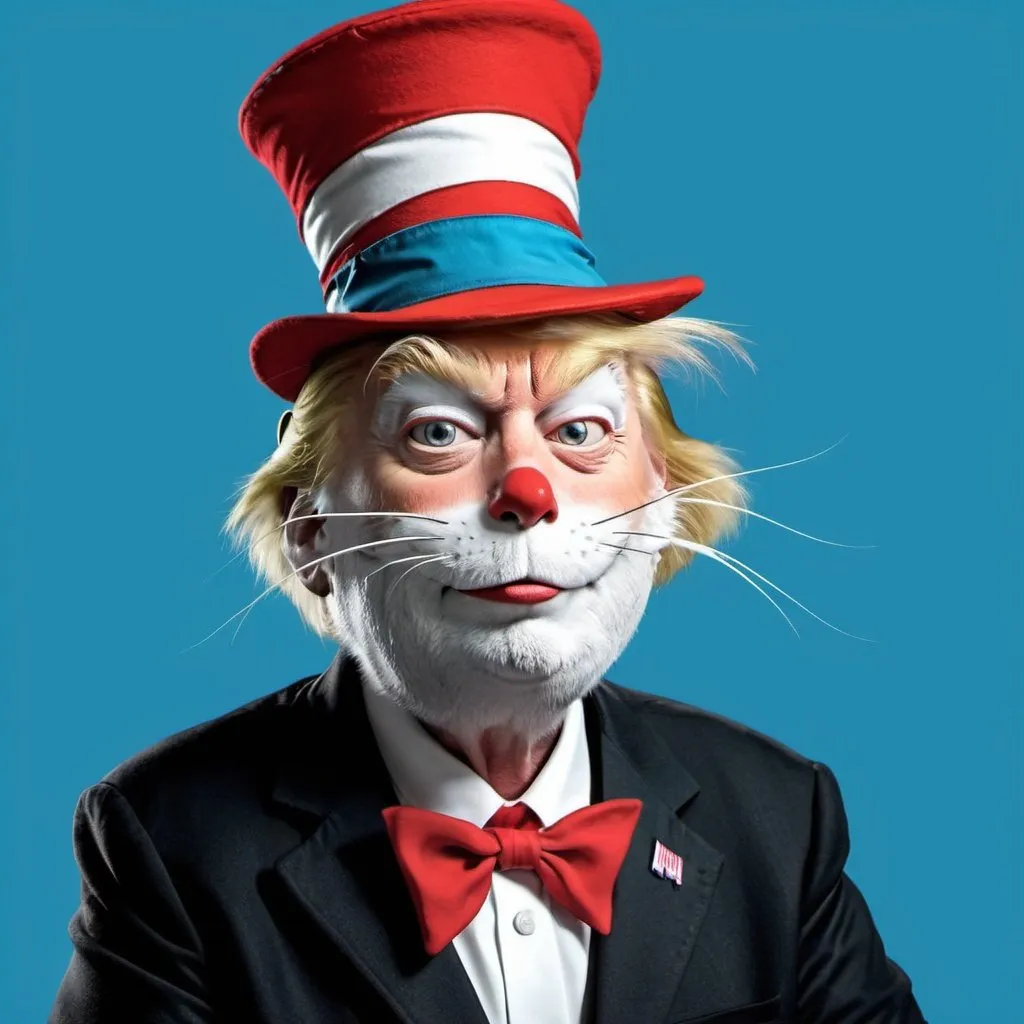 Prompt: Donald Trump as Dr. Seuss Cat In The Hat full body in Mad Magazine Style