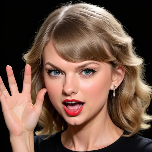 Prompt: Profile Image of Taylor Swift caricature, In Style of mad magazine, hand gestures surprise, eyes bright, slight smile
