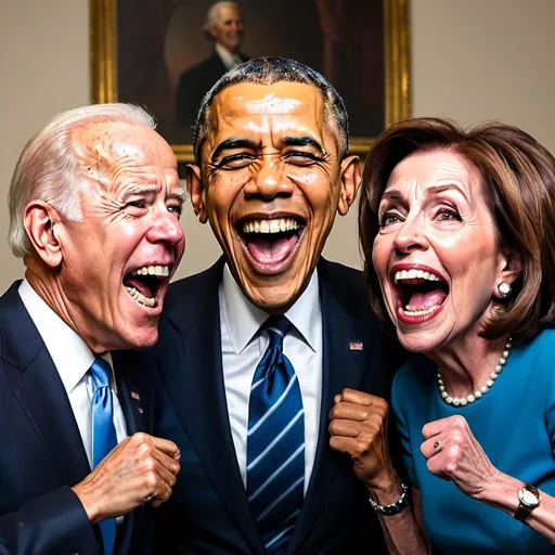 Prompt: Dramatic, high definition image of Barack Obama, Joe Biden, and Speaker Nancy Pelosi laughing hysterically in style of Mad Magazine 