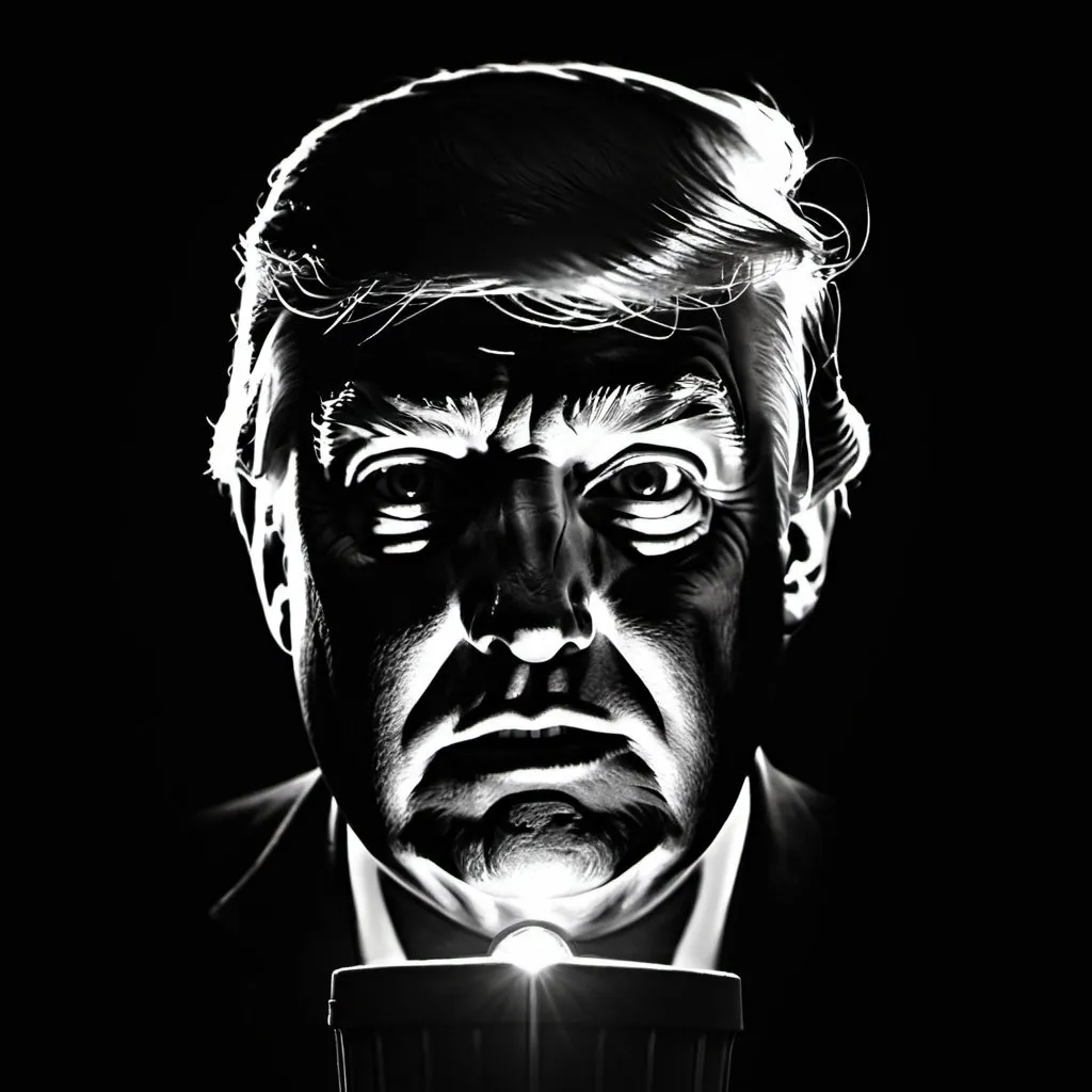 Prompt: High definition black and white image of Donald Trump face illuminated from flashlight held below in the dark of night