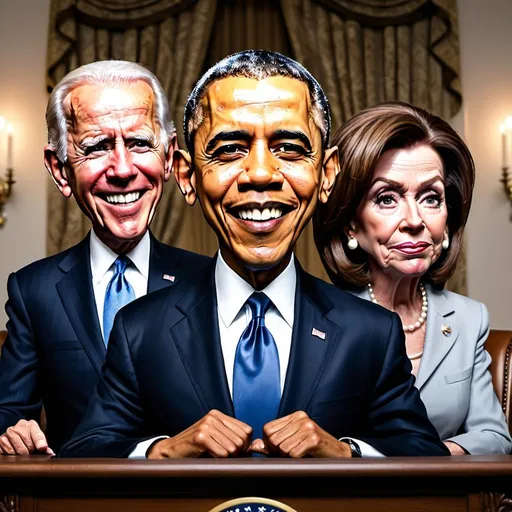 Prompt: Hyper real image, high definition, dramatic, of Barack Obama, Joe Biden, and Speaker Nancy Pelosi in style of Mad Magazine 