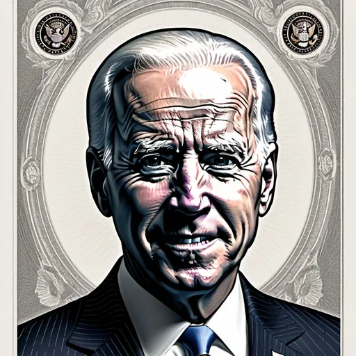 Prompt: confident closeup image of Joe Biden, Guilloche passport texture, in style of engravers and printing