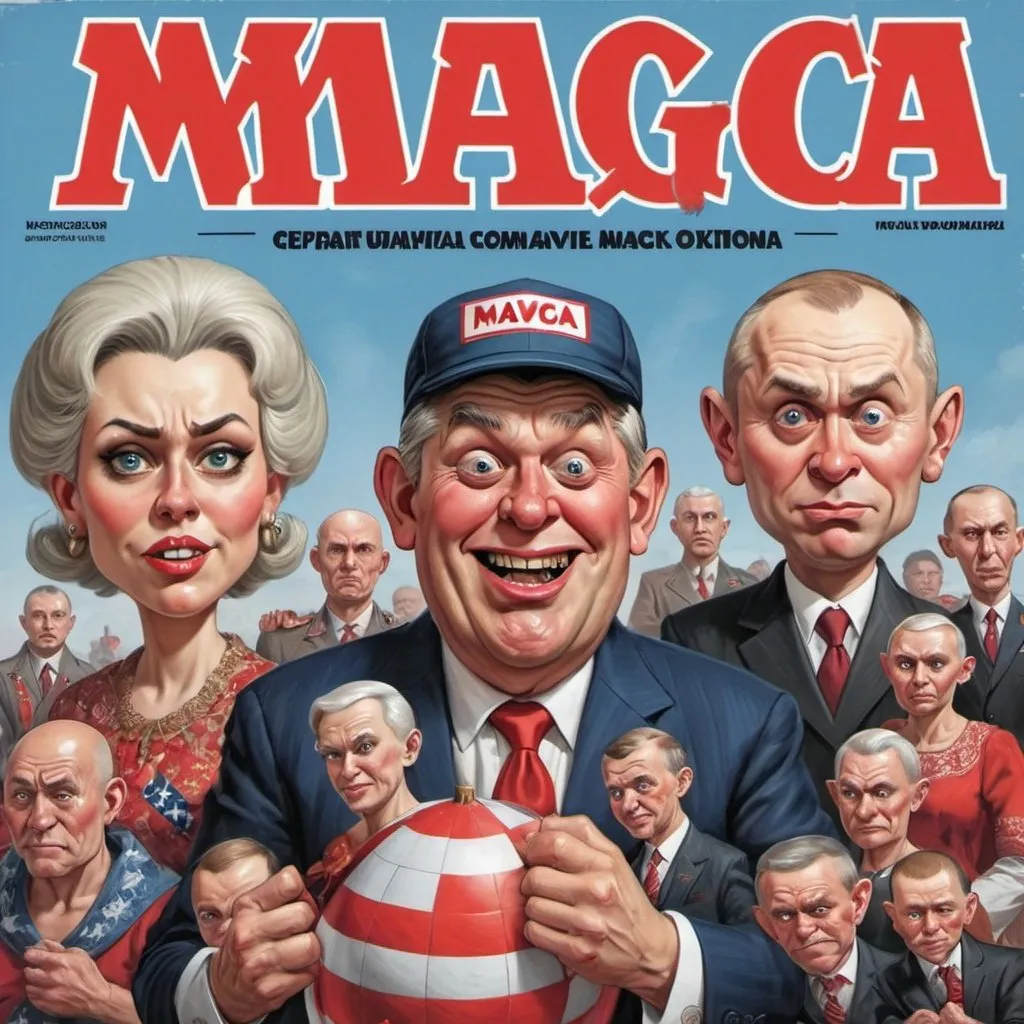 Prompt: MAGA cult propaganda effort with Russian overtones Slavic format in style of mad magazine