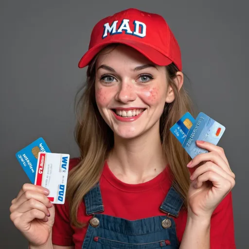Prompt: slender hillbilly, female MAGA supporter , pimples, and plain red cap, hold credit cards in both hands, sneaky smile on face in mad magazine style