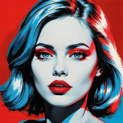 Prompt: Profile image of woman, striking features, blue eyes, red lipstick, pop art style