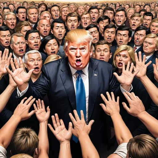 Prompt: Epic image of Donald Trump, golden circle flat above his head, and people reach their hands towards him in style of Mad Magazine