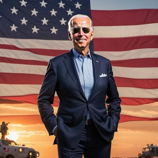 Prompt: Full body epic image of a confident Joe biden black aviator glasses, in background a huge american flag waving  at sundown mad magazine style