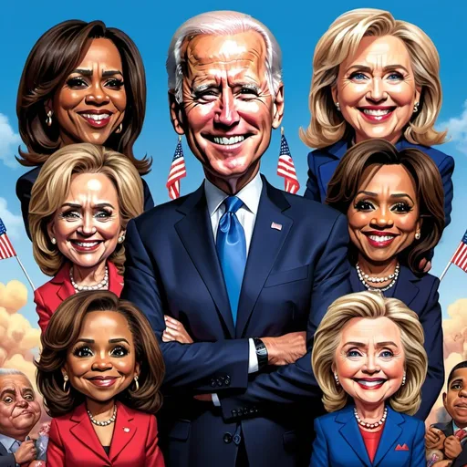 Prompt: President Biden, Kamala Harris, Hillary Clinton, Bill Clinton, Michelle and Barack Obama, and Jill Biden as dark Brandon garbage pail kids style