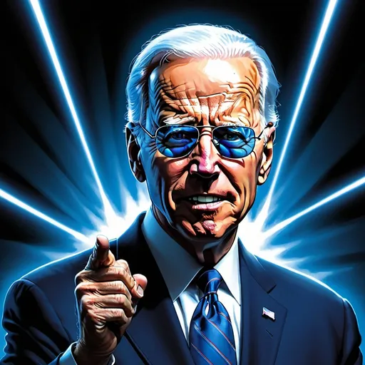 Prompt: Joe Biden as Dark Brandon, blackout sungalsses,, blue beams of light, charged energy targets Donald Trump in stlyle of Mad Magazine