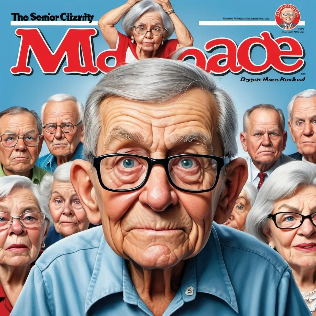 Prompt: a variety of senior citizens upset social security, Medicaid, and Medicare revoked  In Style of mad magazine
