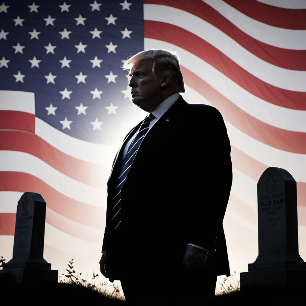 Prompt: A Silhouette of an overweight Donald Trump against a background of the American flag and stars and military headstones below