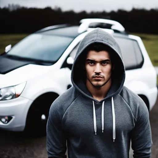 Prompt: A man stand next to the car 
Wearing a hoodie 