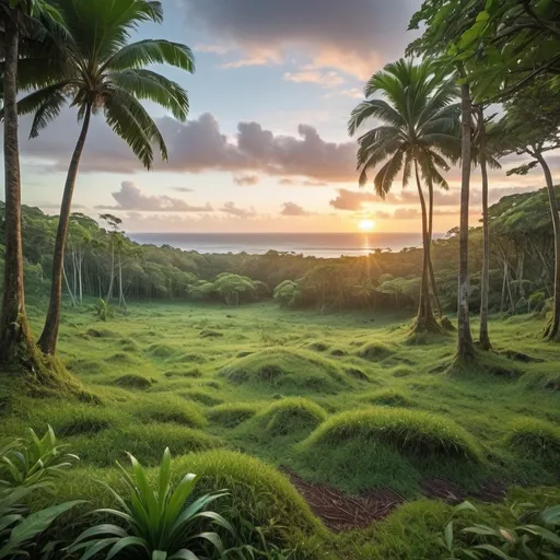 Prompt: a dense tropical forest with an open area grass on the ground, with a sunset, with the ocean in the background mostly covered, flat ground