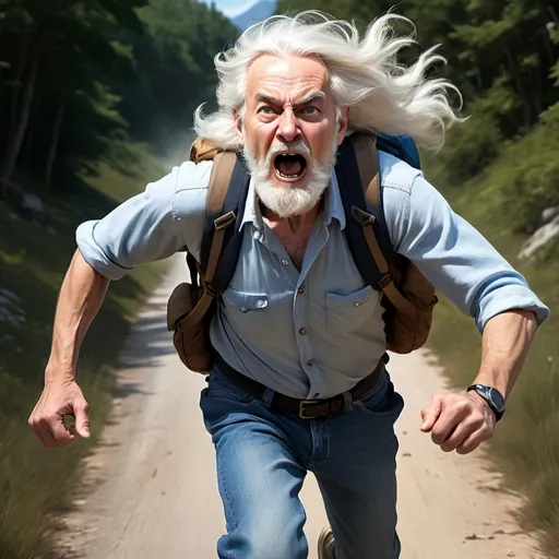 Prompt: a sixty two year old man sprinting for his life screaming for his life, white long wavy hair down to the shoulders, medium sized bushy beard, he is in white socks, blue jeans, a white tank top, black boots, and a backpack one man in a survival situation body straight at the camera