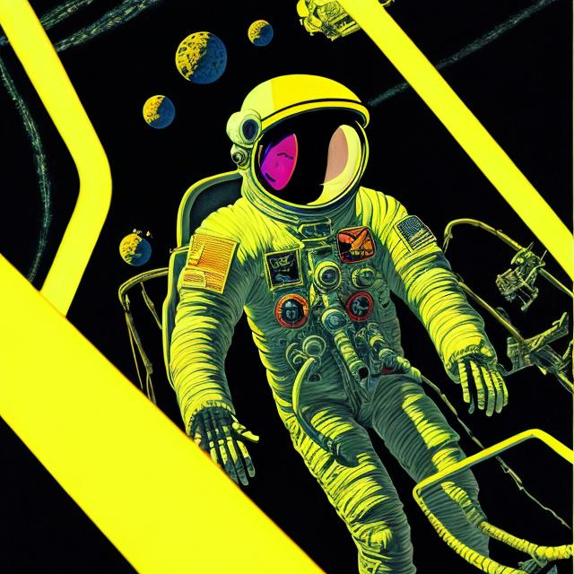 Prompt: Drawing, a skeleton inside a bright yellow colored astronaut suit, floating through space, neon light, by karel thole
