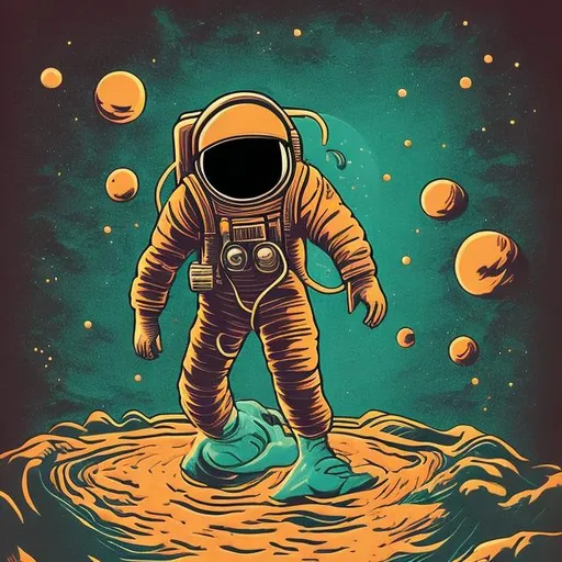 Prompt: Retro comic style artwork, simple astronaut, floating through an abyss, black background