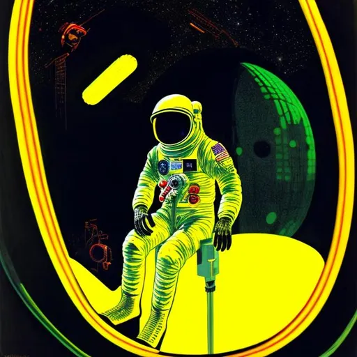 Prompt: Drawing, a skeleton inside a bright yellow colored astronaut suit, floating through space, neon light, by karel thole