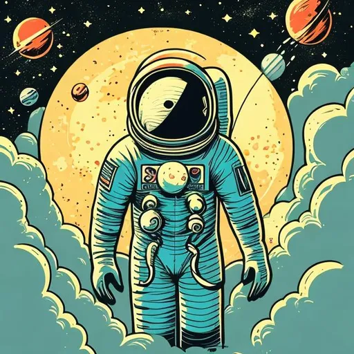 Prompt: Retro comic style artwork, simple detailed astronaut, floating through space