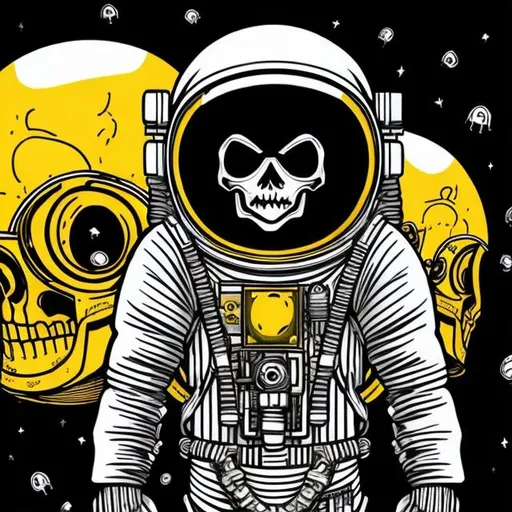 Prompt: yellow astronaut with skeleton inside astronaut suit floating through space, black background, 