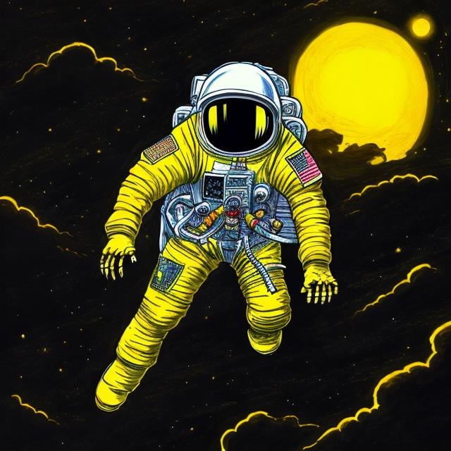 Prompt: Drawing, a skeleton, wearing a bright yellow colored astronaut suit, floating in the distance, completely dark space 
