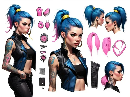 Prompt: Character design sheet woman blue-pink ponytail black leather vest with yellow accents,tattoos