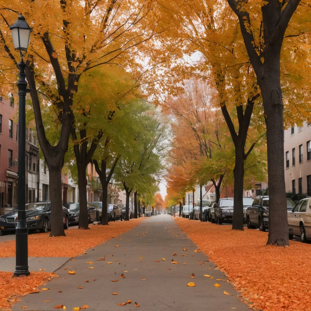 Prompt: 
A picture of a street with trees in fall colors and leaves on the ground.