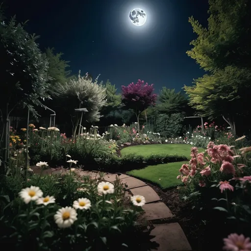 Prompt: 
A picture of a garden with flowers blooming at night under the moon with the camera pointed low towards the ground.