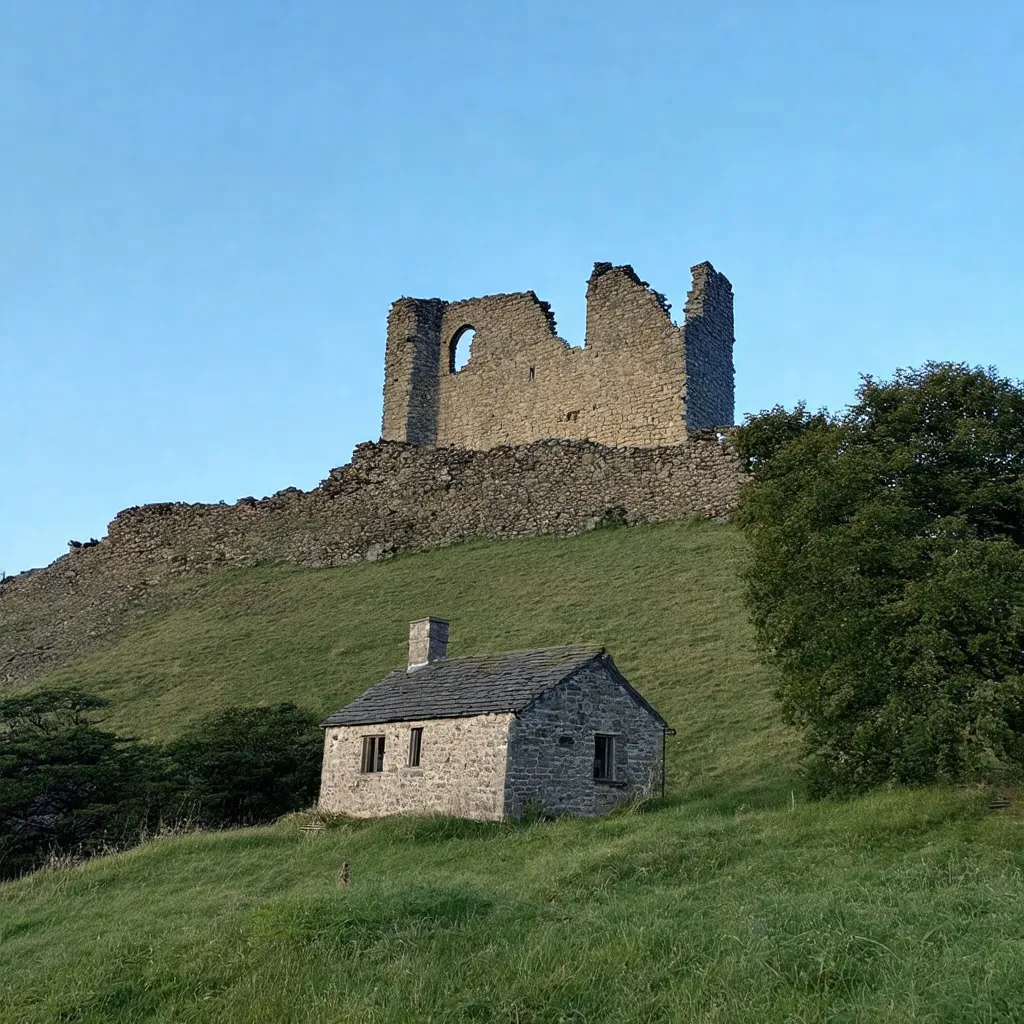 Prompt: A ruined stone castle on a hill with a small stone cottage in the foreground
