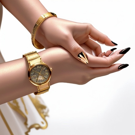 Prompt: (3D wrist watch), elegantly positioned on a (delicate women's hand), showcasing intricate details and craftsmanship, modern design, lustrous metallic finish, soft ambient lighting enhancing textures, gentle shadows created by the watch, stylishly painted nails, a minimalist and chic background, (high quality, ultra-detailed, 4K).