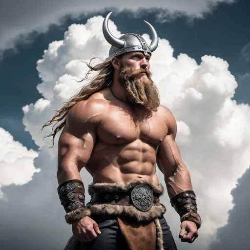 Prompt: viking musclé avec cheveux long dans les nuages