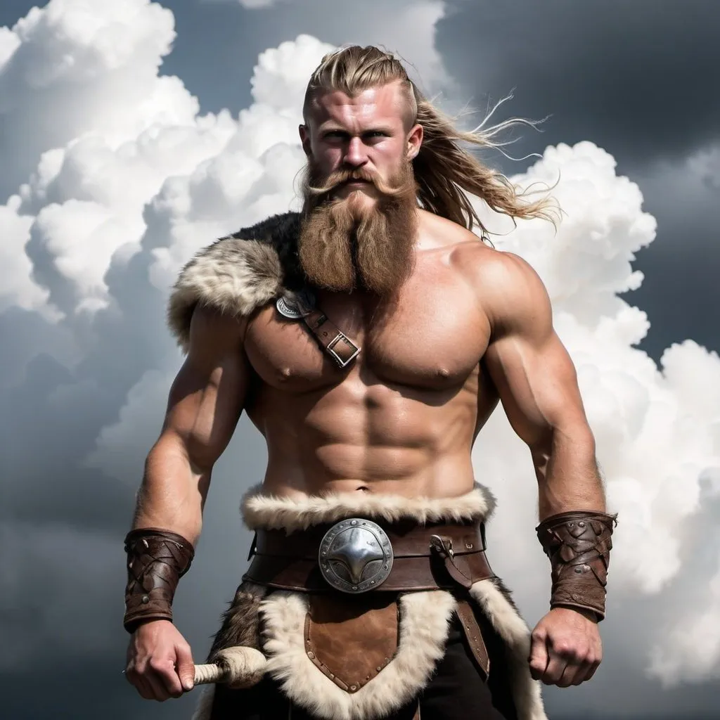 Prompt: viking musclé avec cheveux long sans casque entrain de se battre avec une hache dans les nuages