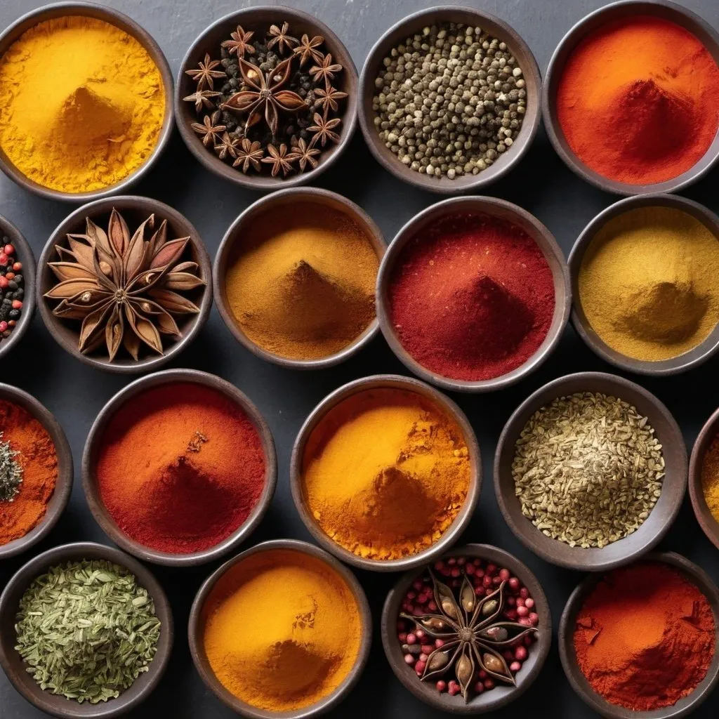 Prompt: variety of colorful spices arranged in separate bowls