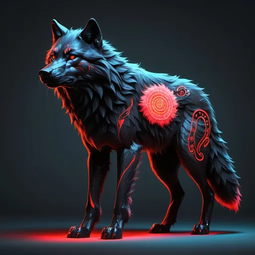 Prompt: A Giant,fluffy,black wolf with neon red spiritual patterns on it’s pelt and tail.