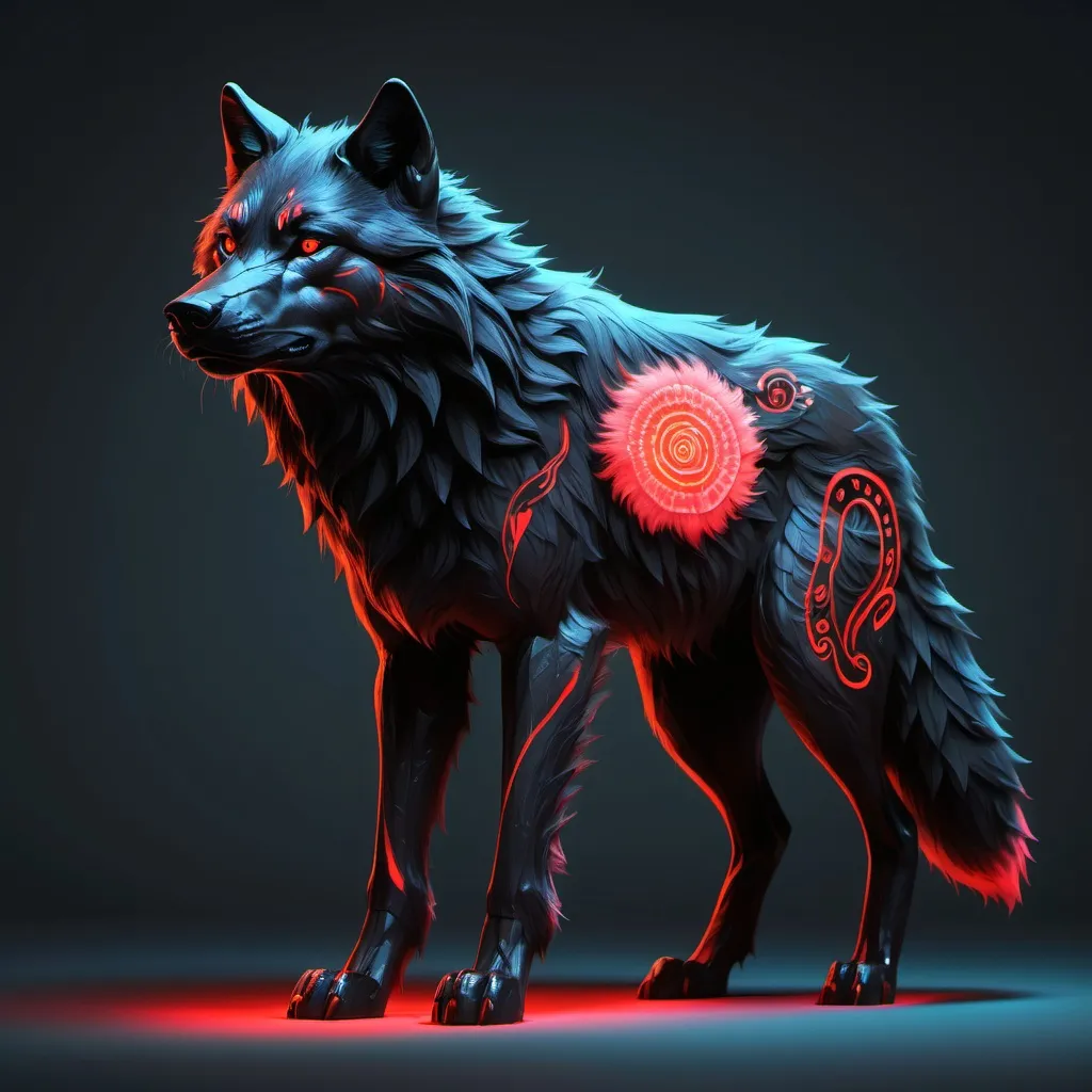 Prompt: A Giant,fluffy,black wolf with neon red spiritual patterns on it’s pelt and tail.