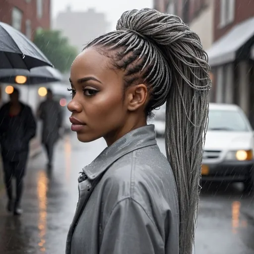 Prompt: afro micro braids, lady in street walking, rain, grey