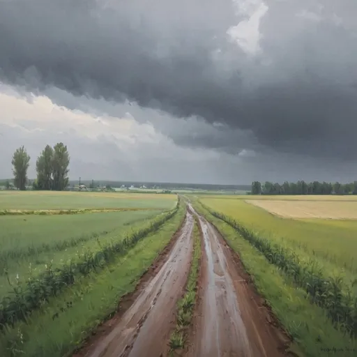 Prompt: Painting of rainy day in Russian countryside grey skys fields