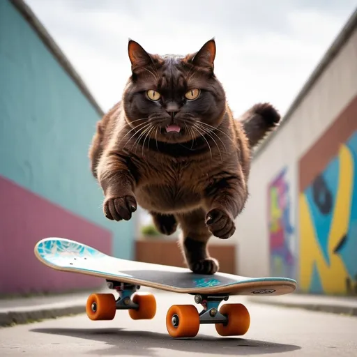 Prompt: photorealistic image of a very fat dark brown cat riding a skateboard immortalized while performing a trick like ollie. Very dynamic pose, cat in mid-air and skateboard off the ground, very bright colours