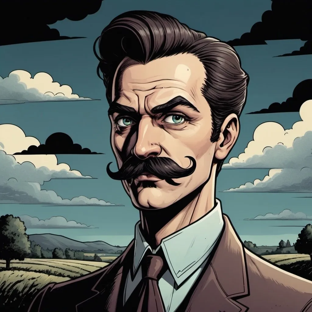 Prompt: a guy with big moustaches, landfields, detailed, dark colors, dramatic, graphic novel illustration,  2d shaded retro comic book